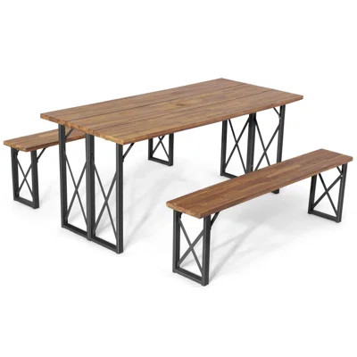 67 In. L X 30.5 In. W Solid Wood Picnic Table Bench Set With Umbrella Hole For 6 | Wayfair North America