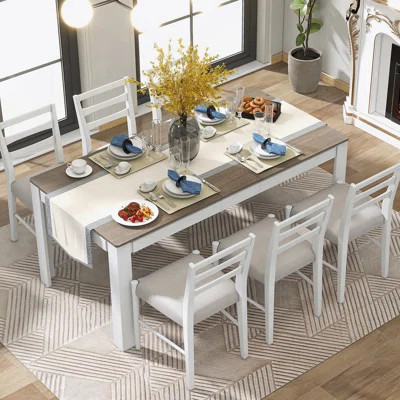 7-Piece Wooden Dining Table Set, Extendable Table With Leaf, 2 Drawers And 6 Upholstered Chairs | Wayfair North America
