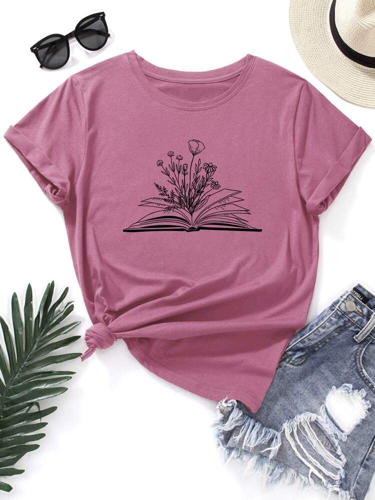 Book And Floral Print Tee | SHEIN