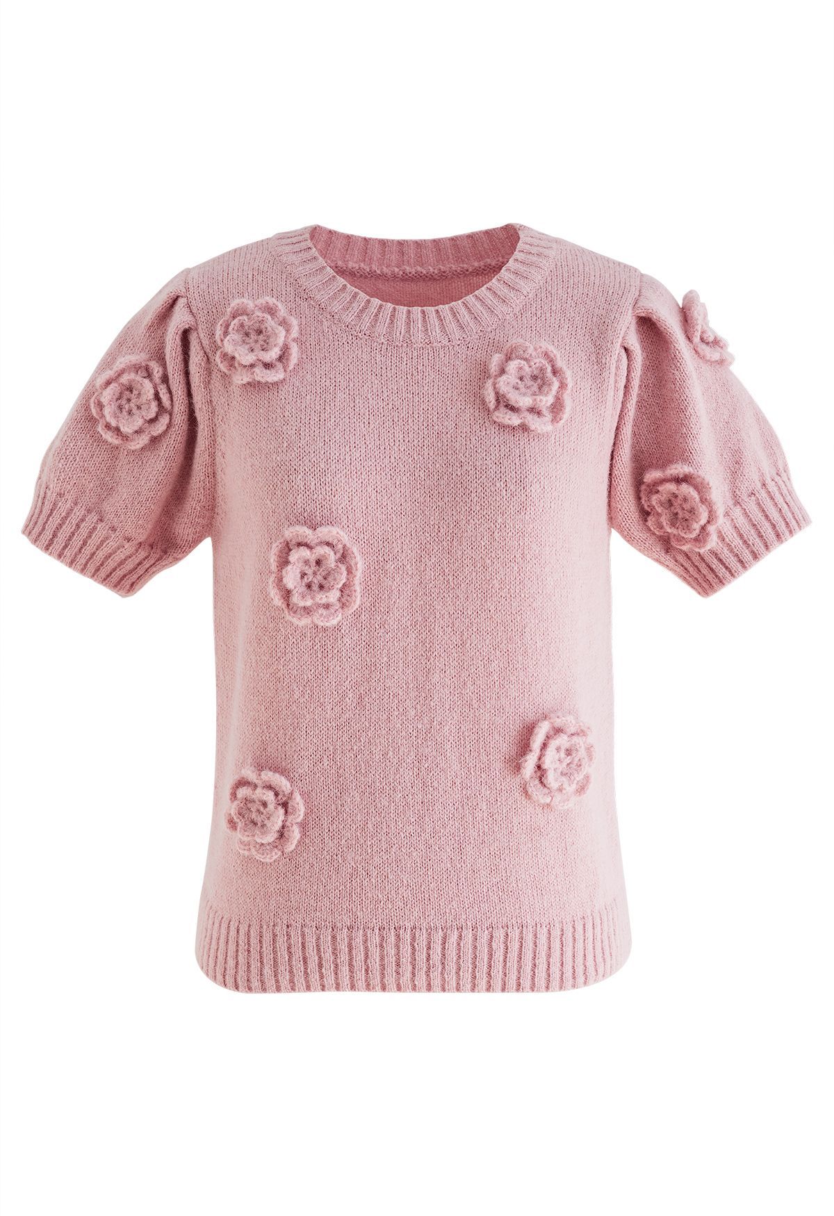 Crochet Flowers Trim Knit Top in Pink | Chicwish