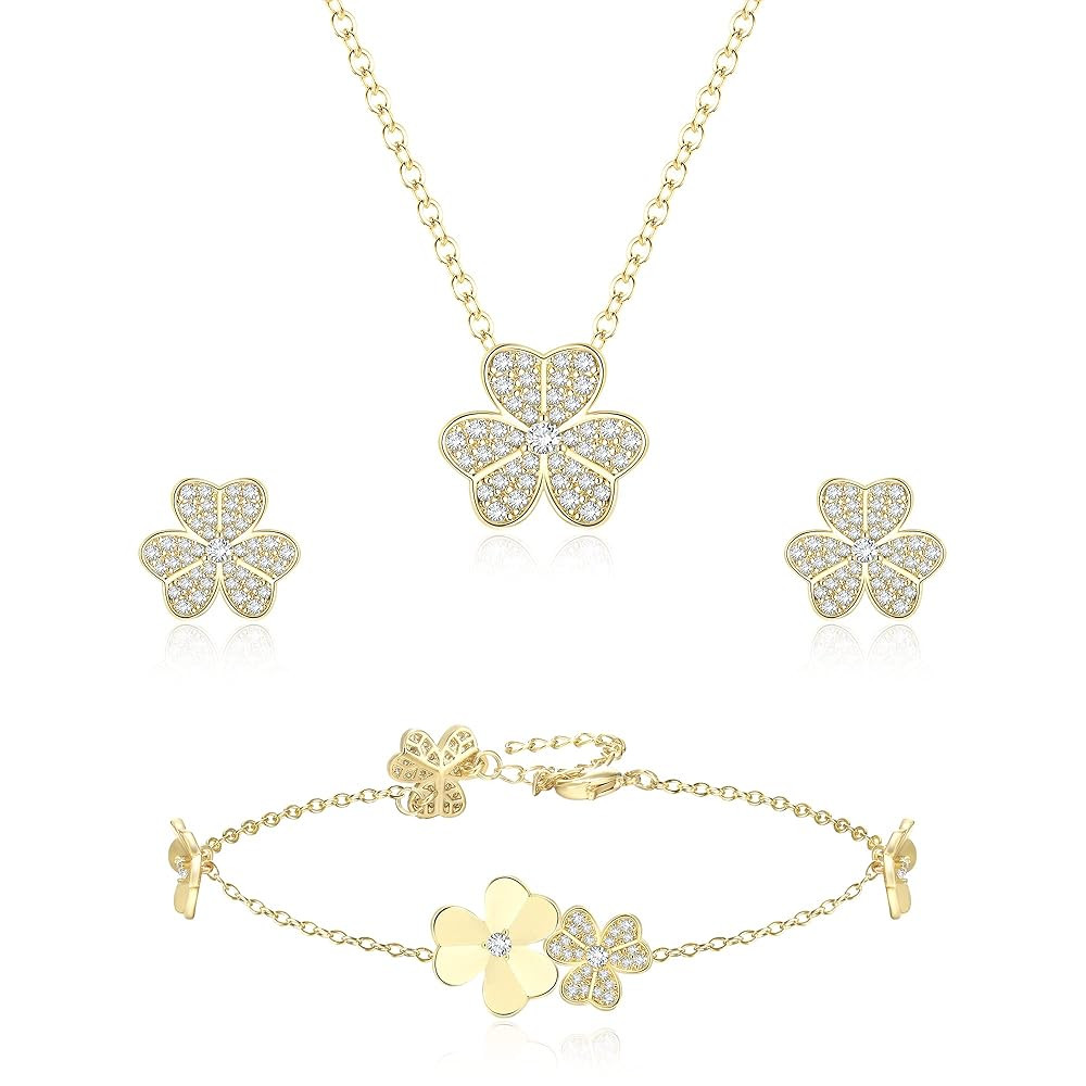 EleQueen Heart Clover Set for Women, Silver Plated Cubic Zirconia Necklace Earrings Bracelet Hypo... | Amazon (US)