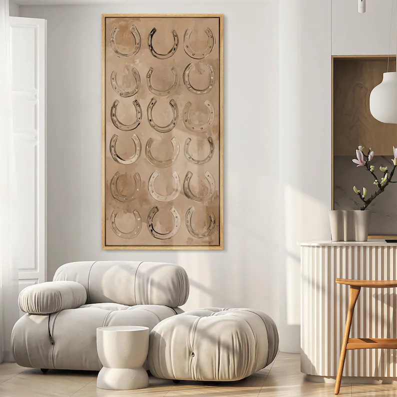 Large Framed Lucky Horseshoes Wall Art, Western Abstract Vertical Warm Brown Tones Canvas Print, ... | Etsy (US)