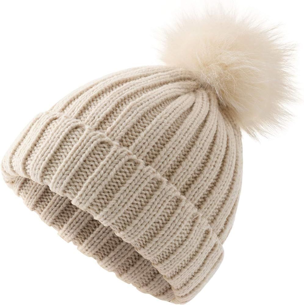 Women Winter Pompoms Beanie Hat Warm Acrylic Knit Hat with Cut Pom pom Ski Cap for Unisex Men Kid... | Amazon (US)