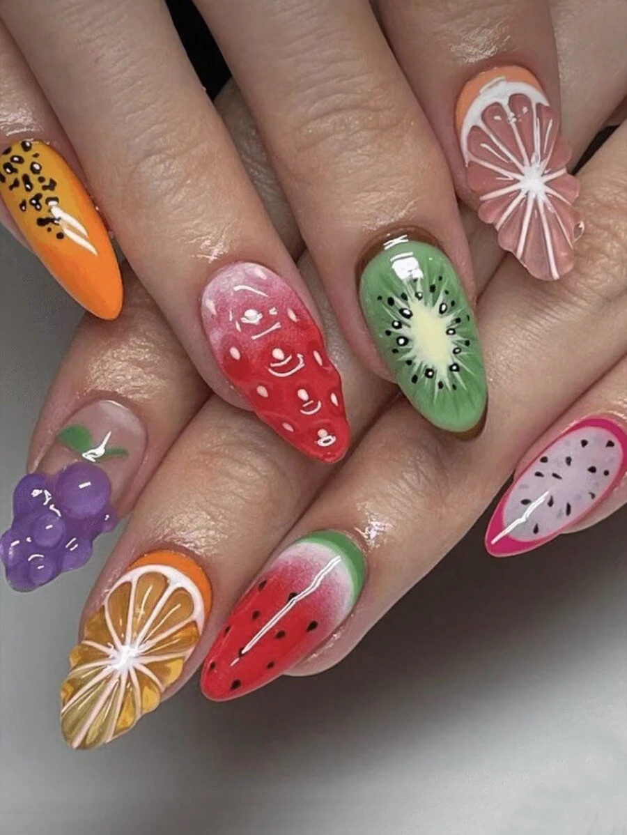24PCS Medium-Length Almond Fake Press On Nail, Watermelon Strawberry Orange Kiwi Grape Print,3D S... | SHEIN
