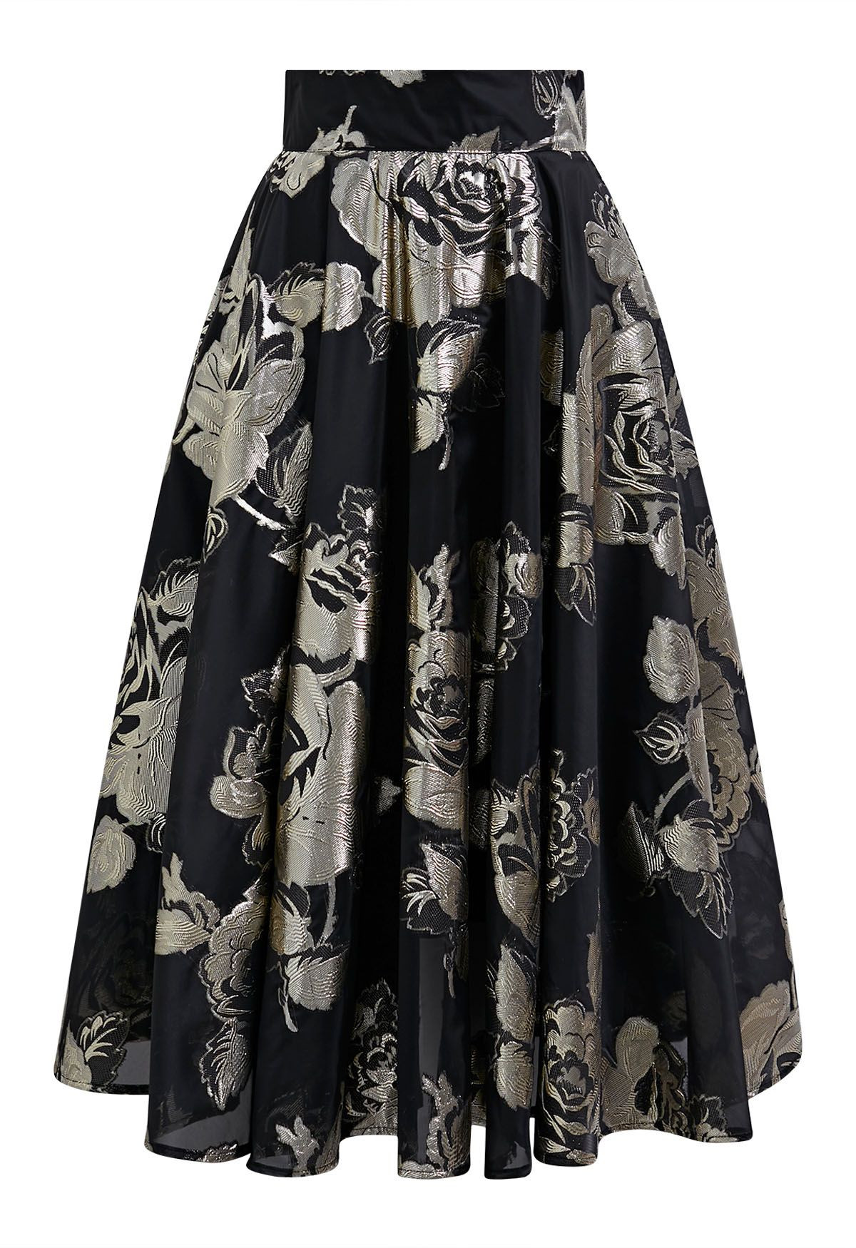 Metallic Floral Jacquard A-Line Midi Skirt in Black | Chicwish