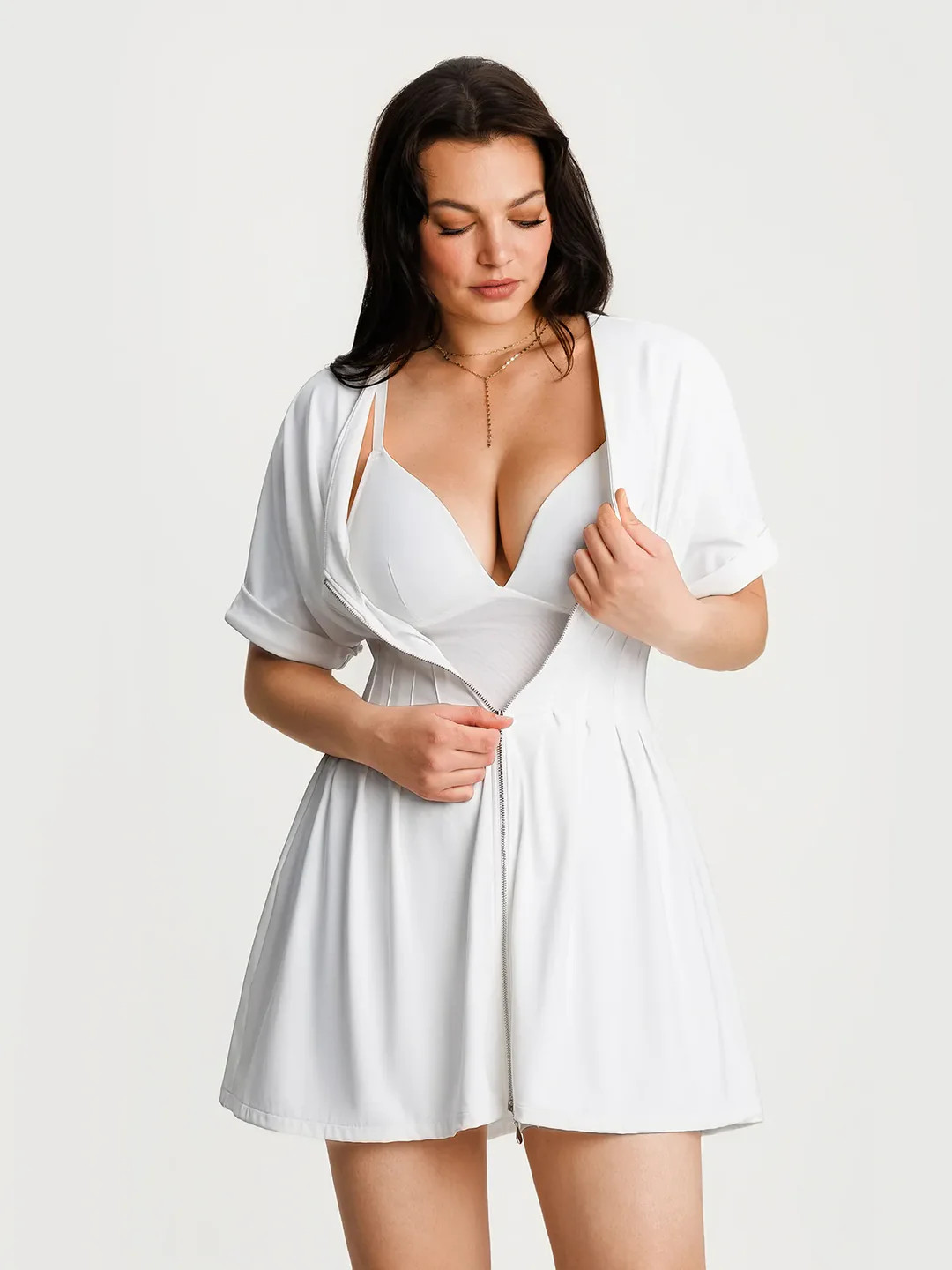 Deep V Zip Front Two-Piece Sculpting Mini Dress | Popilush