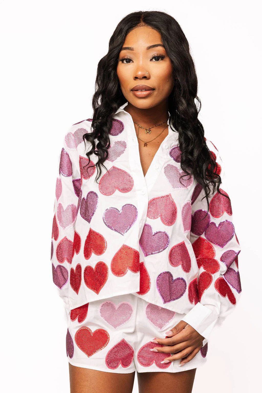 White Multi Rhinestone Hearts Button Up Cotton Top | Queen of Sparkles