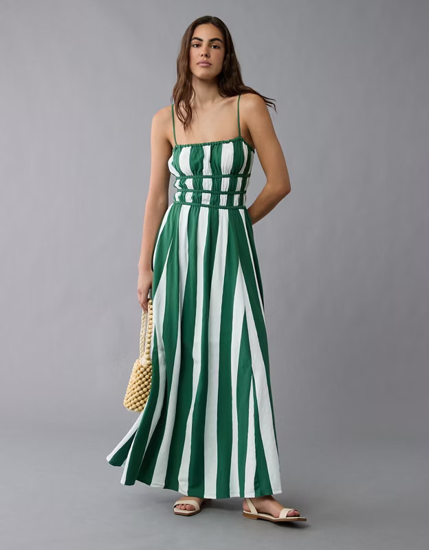 AE Sunchaser Knit Smocked Bodice Striped Midi Dress | American Eagle Outfitters (US & CA)