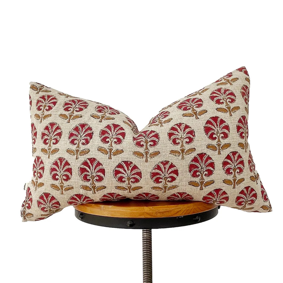 Block Print Linen Pillow. Red and Mustard Yellow Floral Pillow Cover, Lumbar Pillow Cover. 12x20... | Etsy (US)