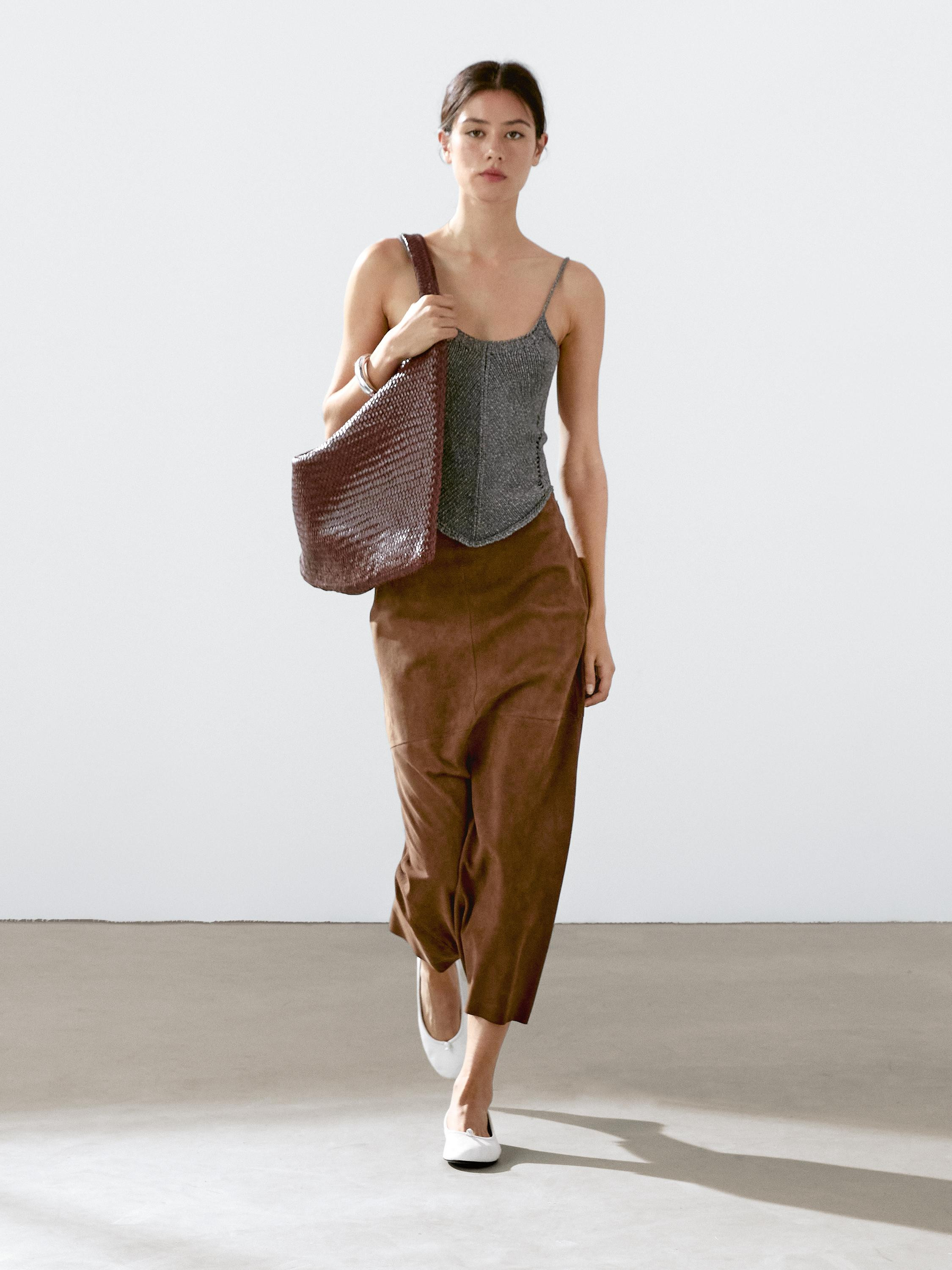 Suede leather midi skirt | Massimo Dutti US