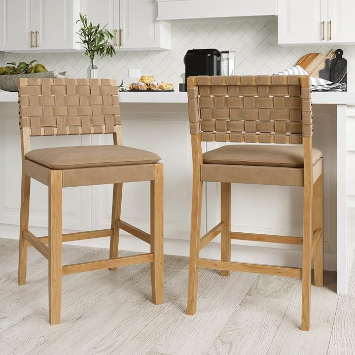 Nathan James Cohen Mid-Century Modern Suede Bar Stool, Counter Height Chair in Solid Wood Frame with Footrest and Woven Suede Back for Kitchen, Natural Brown, Set of 2 | Amazon (US)