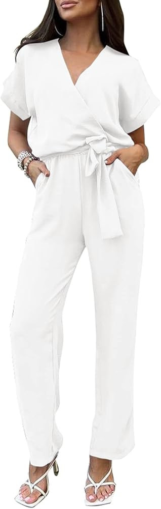 PRETTYGARDEN Women's One Piece Jumpsuits Dressy Casual Summer Short Sleeve Wrap V Neck Wide Leg P... | Amazon (US)