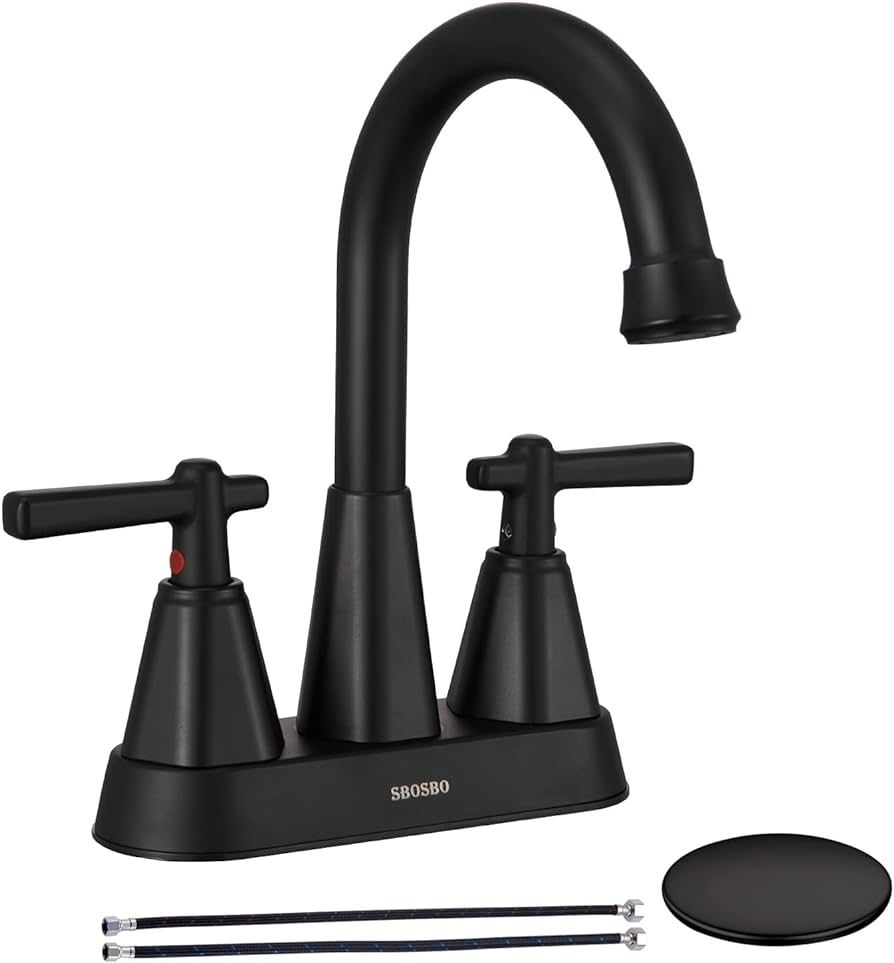 Matte Black Bathroom Sink Faucet, SBOSBO 4 Inch Bathroom Faucet for Sink 3 Hole, 2 Handle Sink Fa... | Amazon (US)