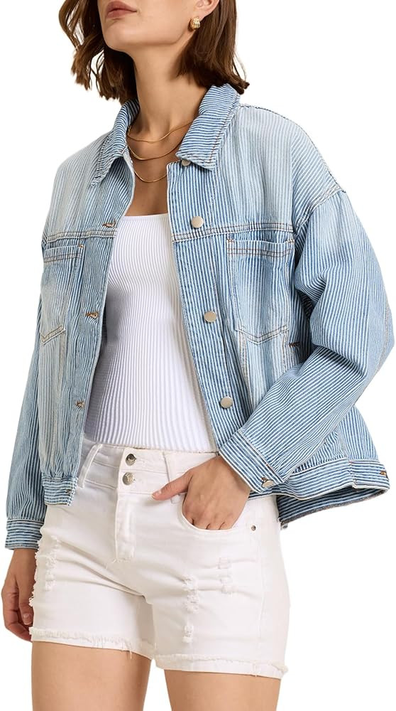 Kedera Women's Blue Jean Jacket Oversized Distressed Button Down Denim Jacket Vintage Long Sleeve... | Amazon (US)