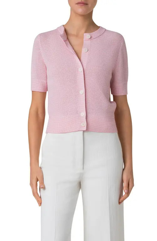 Akris punto Stripe Short Sleeve Virgin Wool Cardigan in Pale Pink-Cream at Nordstrom, Size 12 | Nordstrom