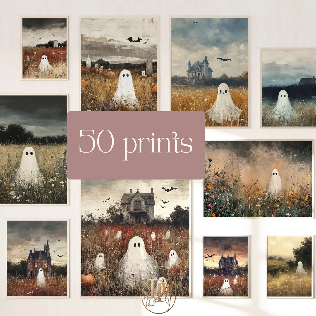 Halloween Gallery Wall Art Set of 50 Prints Little Ghost in Vintage Landscape Paintings Spooky Co... | Etsy (US)