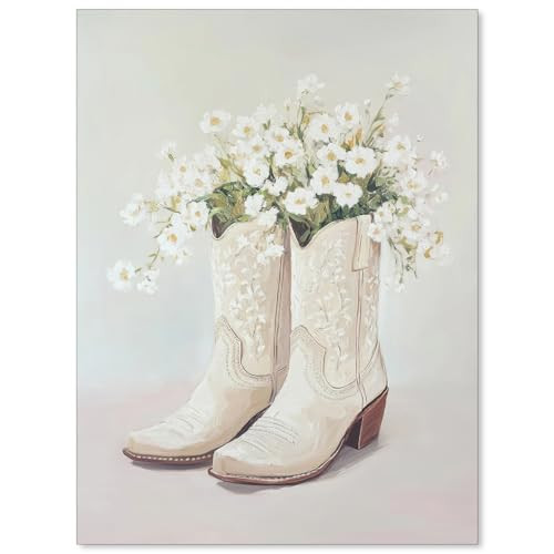 Lmuwecno Trendy Floral Cowgirl Boots Canvas Wall Art Vintage Minimalist Poster Western Print White Flowers Boho Wall Decor for Bedroom Living Room Decor 12x16in Unframed | Amazon (US)