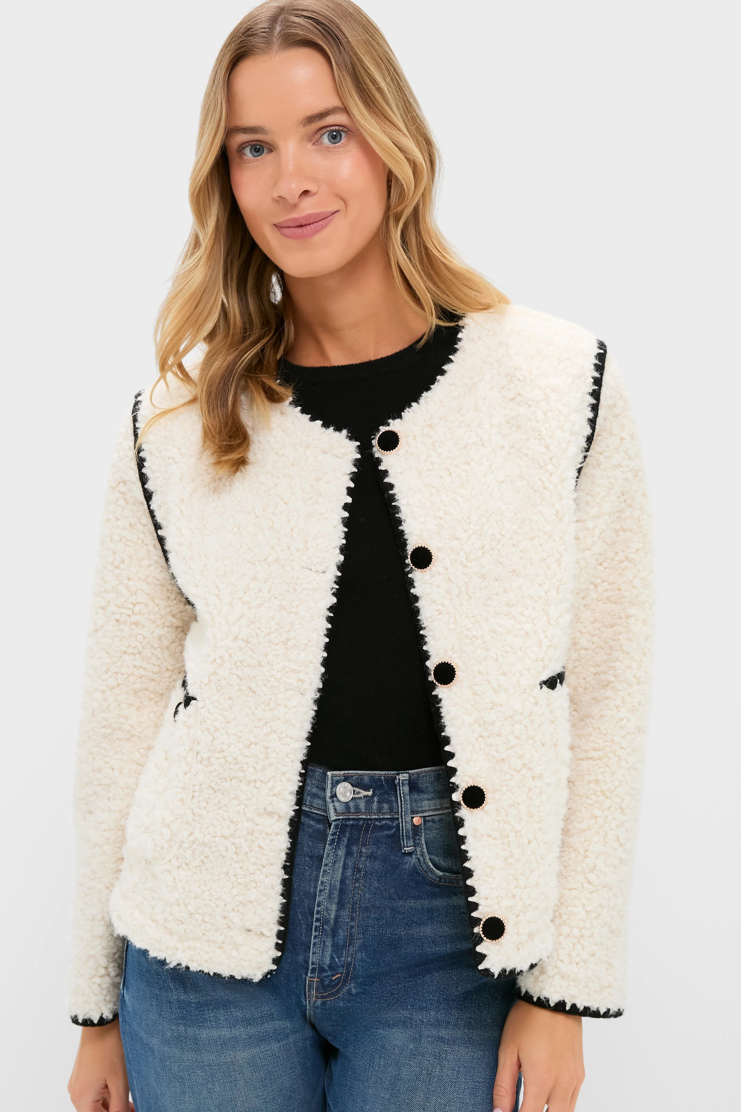Cream & Black Trim Sherpa Audrey Jacket | Tuckernuck (US)