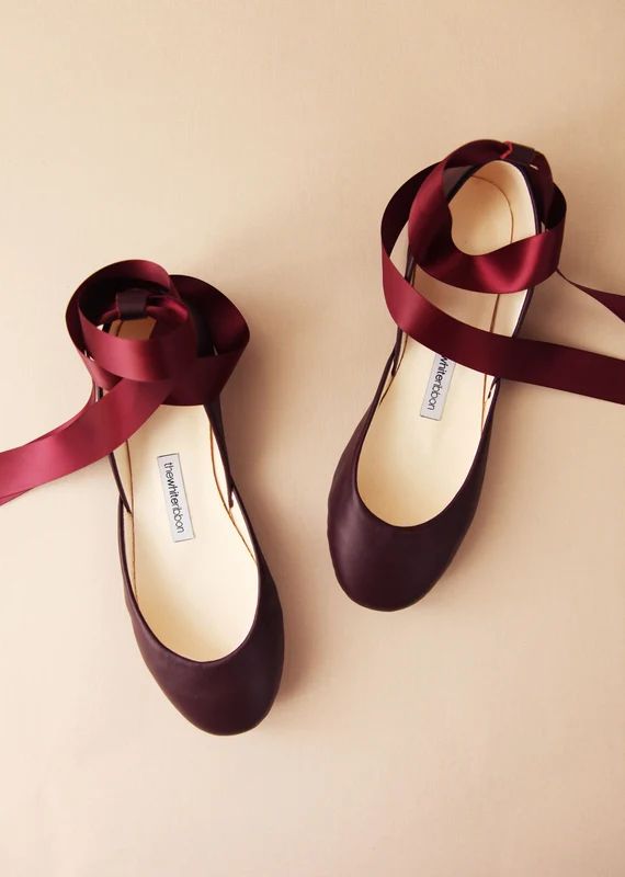Bordeaux Leather Ballet Flats with Satin Ribbons and Ankle Straps | Etsy (US)