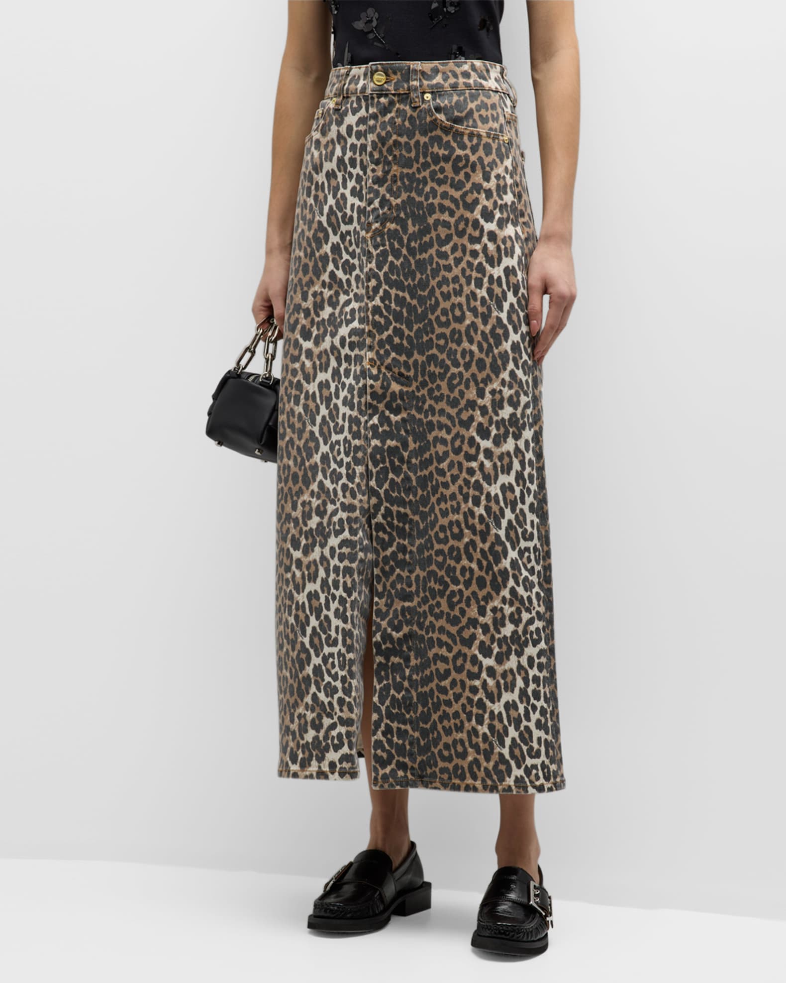 Leopard-Print Denim Maxi Skirt | Neiman Marcus