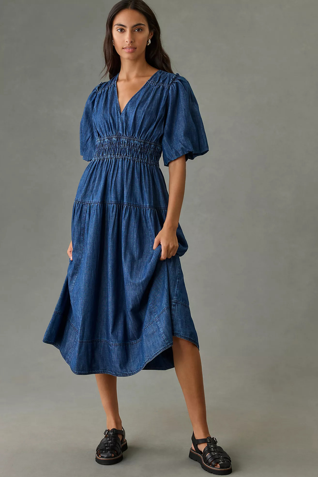 Pilcro Smocked Puff-Sleeve Denim Dress | Anthropologie (US)