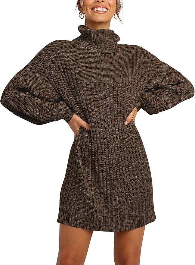 Prinbara Women Turtleneck Long Lantern Sleeve Casual Loose Oversized Sweater Dress Soft Winter Pu... | Amazon (US)