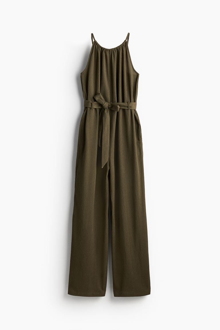 Tie-belt Jumpsuit - Round Neck - Sleeveless - Dark khaki green - Ladies | H&M US | H&M (US + CA)