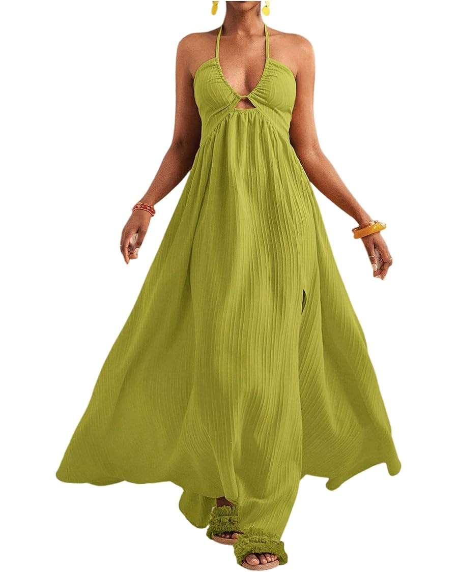 Floerns Women's Summer Halter Maxi Dress Sleeveless Cut Out Deep V Neck Slit Flowy Vacation Dress... | Amazon (US)