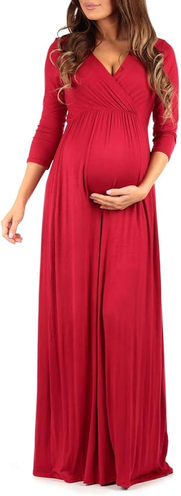 Mother Bee Maternity V-Neck 3/4 Sleeve Ruched Waist Dress | Amazon (US)