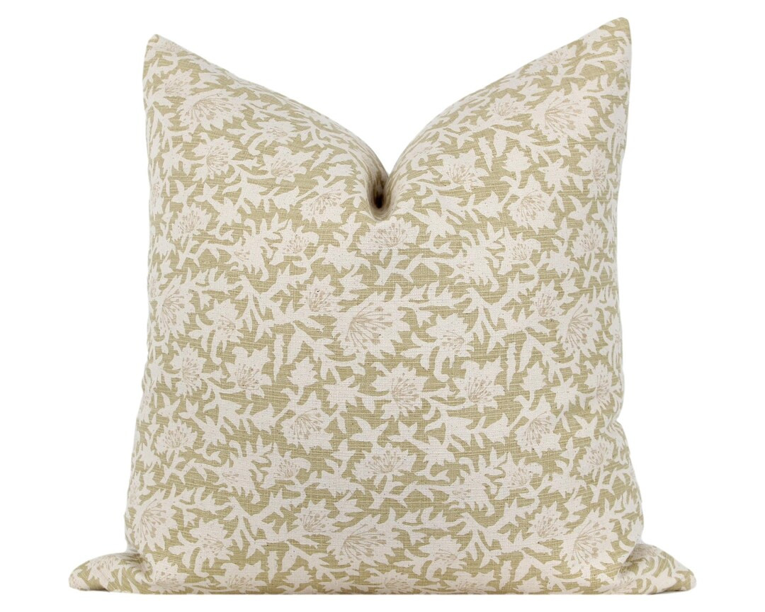 Block Print Beige Floral Pillow Cover - Etsy | Etsy (US)