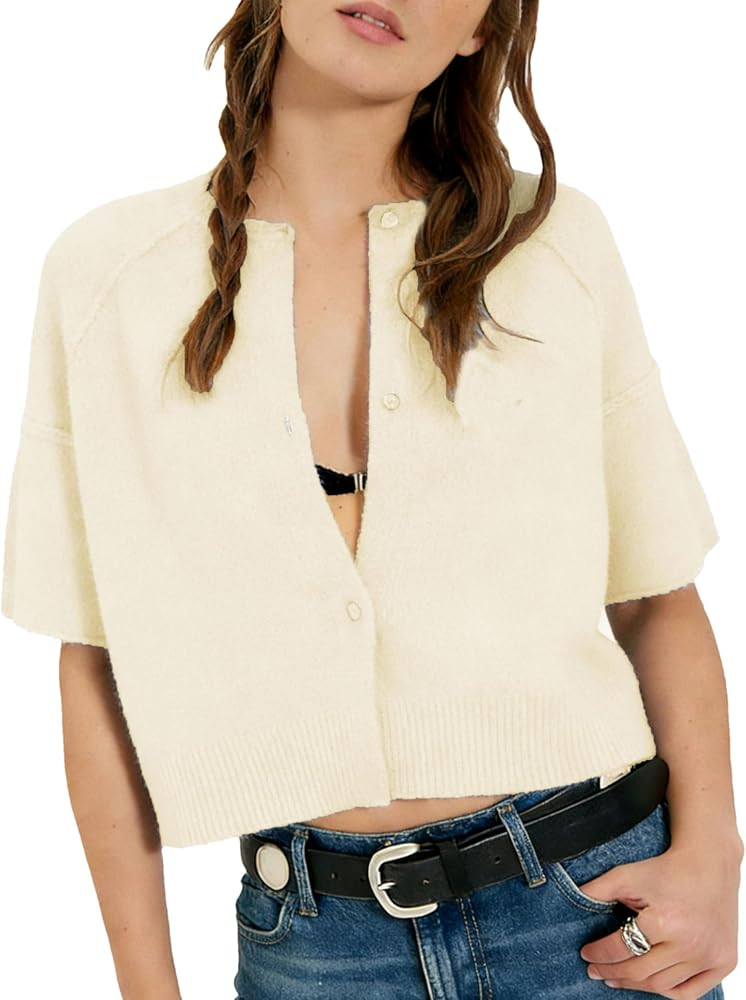 Womens Short Sleeve Knit Cardigan Sweaters Cropped Crew Neck Button Down Solid Color Sweater | Amazon (US)