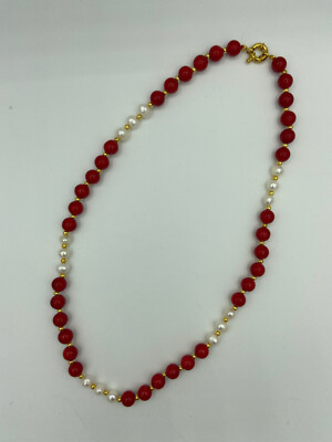 Natural Red Coral Gemstone Round and White Pearl Beaded Necklace | eBay | eBay US