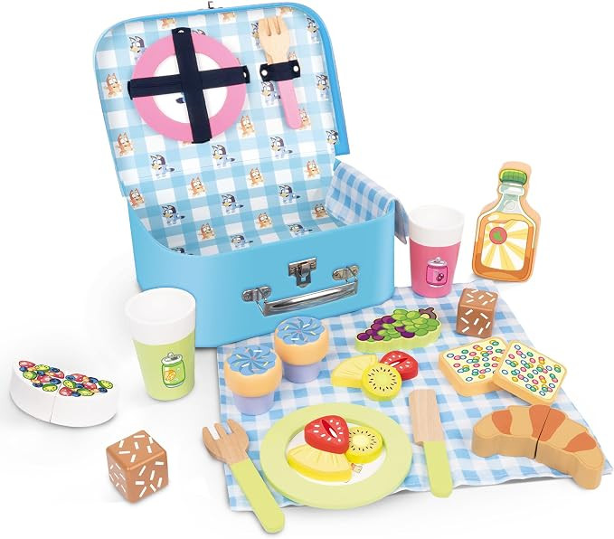 Bluey – Picnic Basket Set – 30-Piece Wooden Roleplay Toy for Kids with Carry Case, Cutlery & ... | Amazon (UK)