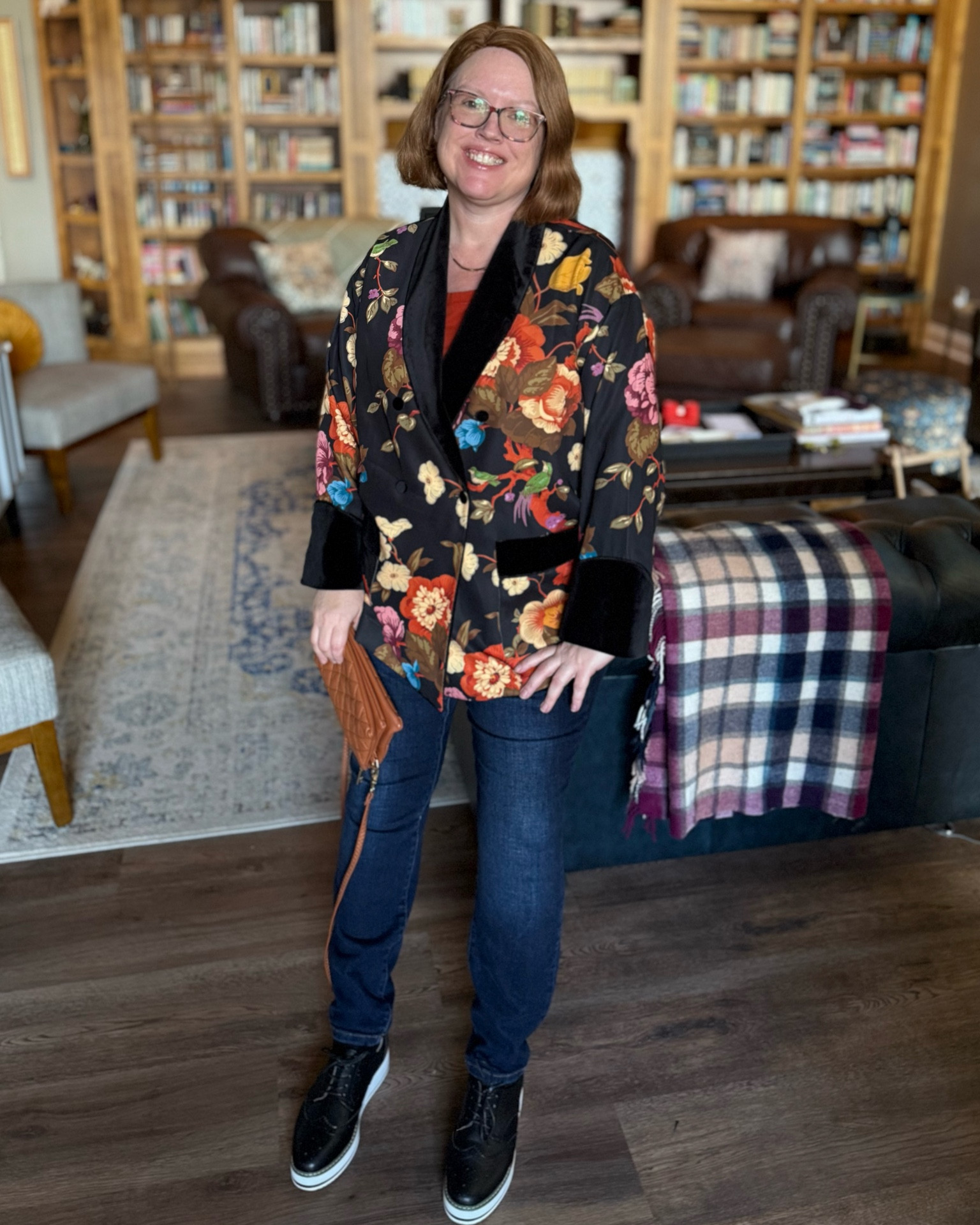 My first piece from Tuckernuck…this statement smoking jacket! It makes such a statement I’ve kept jewelry and accessories very neutral and minimal. Where am I going? On a Costco run! This would look chic as a date night outfit paired with black cigarette pants and a black top underneath. 

I am a 16/18 and this is an XL. It’s supposed to be a roomy fit so up to a 20 could easily wear it unless you are super busty. I’m a D-cup. #smokingjacket #tuckernuckstyle #datenight 

#LTKPlusSize #LTKOver40