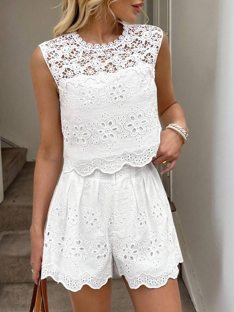 Easowa Lace Patchwork Sleeveless Shirt And Pleated Wide Leg Shorts Set - Elegant Embroidered Jacquard Fabric Casual Holiday Outfit | SHEIN
