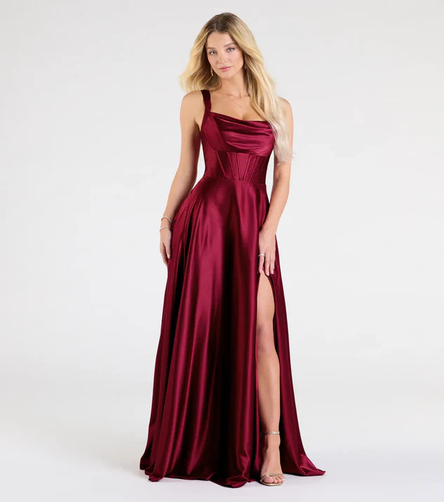 Daphne Corset Slit A-Line Satin Formal Dress | Windsor Stores