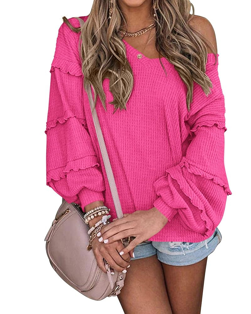 BTFBM Women's V Neck Long Sleeve Blouse Loose Fit Tunics Ruffles Off Shoulder Waffle Knit Solid C... | Amazon (US)