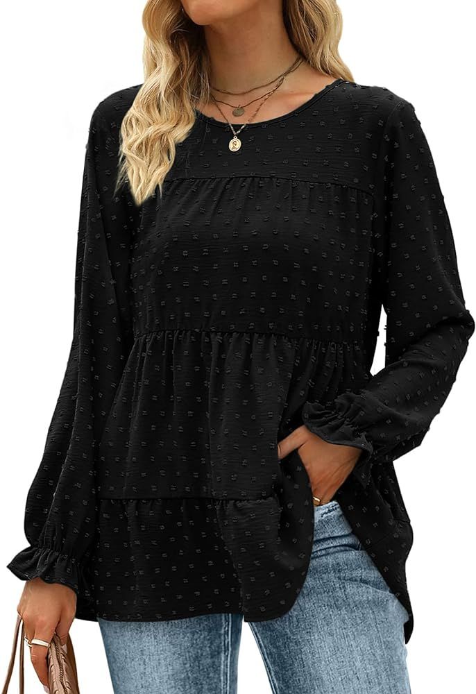 Geifa Women's Chiffon Blouses Long Sleeve Dressy Peplum Tops Swiss Dot Babydoll Shirts | Amazon (US)