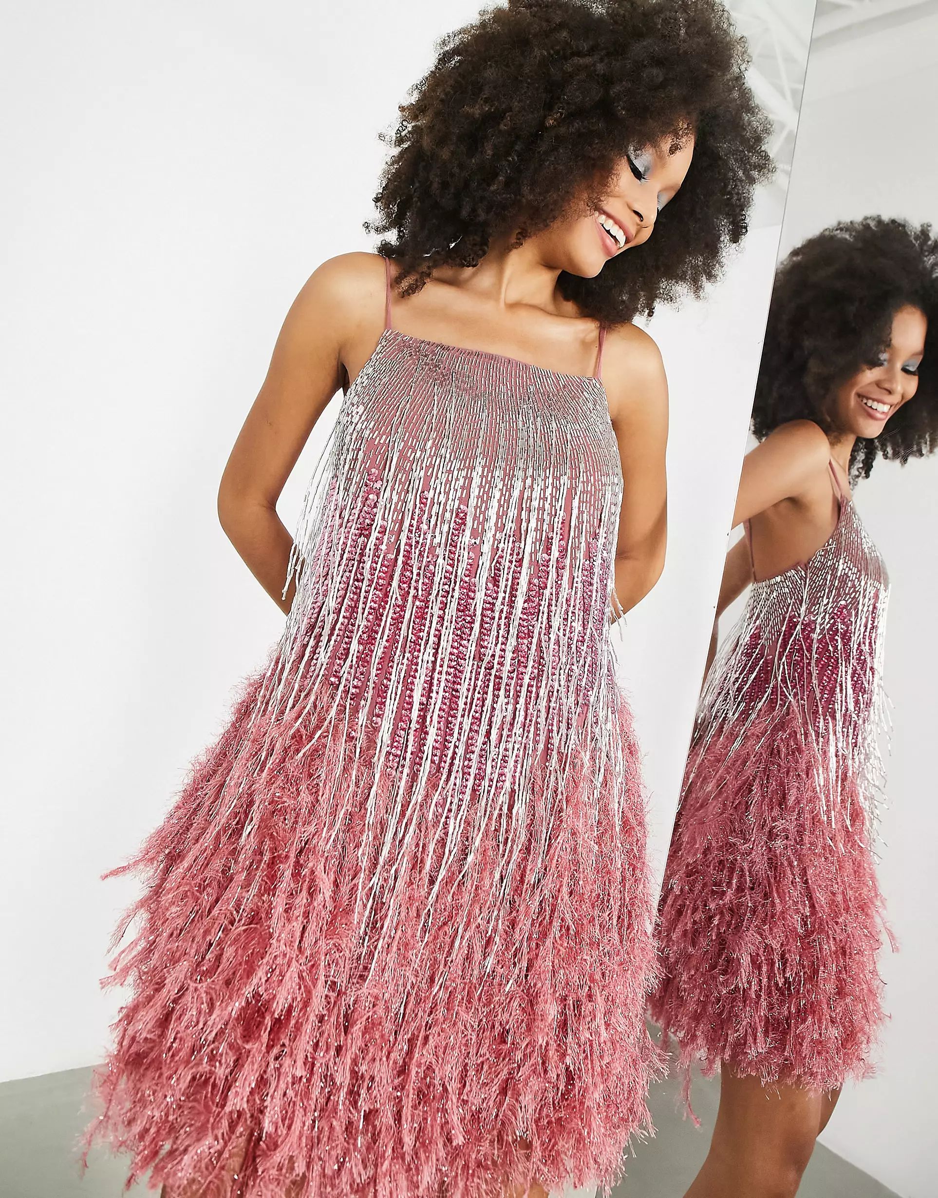 ASOS EDITION beaded fringe cami mini dress with faux feather hem in pink | ASOS (Global)