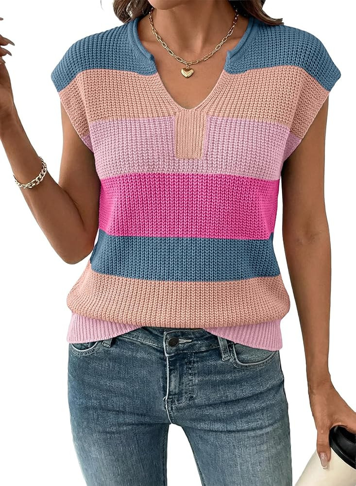 SHEWIN Womens Summer Tops V Neck Short Sleeve Sweater Striped Color Block Pullover Cap Sleeve Shi... | Amazon (US)