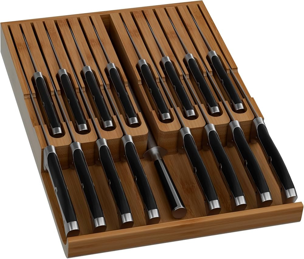 Domax Bamboo In-drawer Knife Block - Knife Drawer Organizer Insert Large Handle Steak Knife Holde... | Amazon (US)