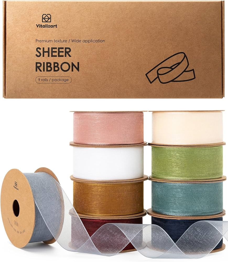 Vitalizart 1" x 90Yd Organza Ribbon Mixed Color Sheer Ribbons Set 10 Yd x 9 Rolls Handmade for Gi... | Amazon (US)