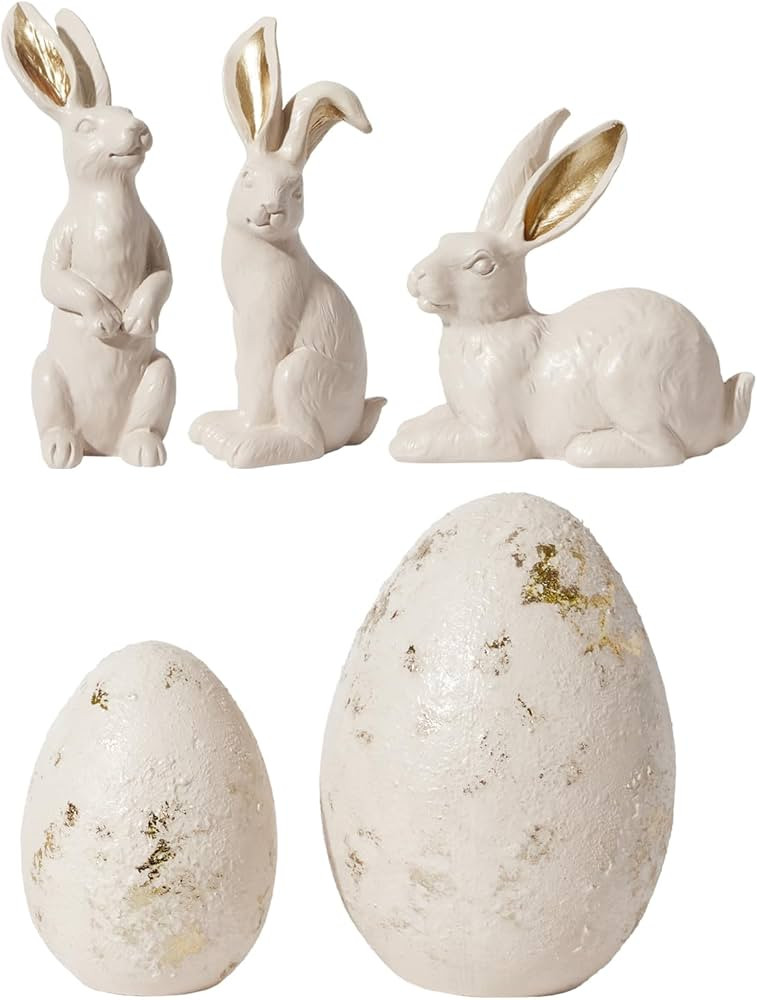 DN DECONATION 5PCS Easter Decorations with 3 Rabbits and 2 Easter Eggs, Beige & Gold Easter Bunny... | Amazon (US)