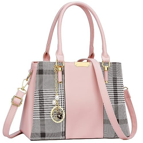 KKXIU 3 Zippered Compartments Purses and Handbags for Women Top Handle Satchel Shoulder Ladies Bags (B-pink stripe) | Amazon (US)
