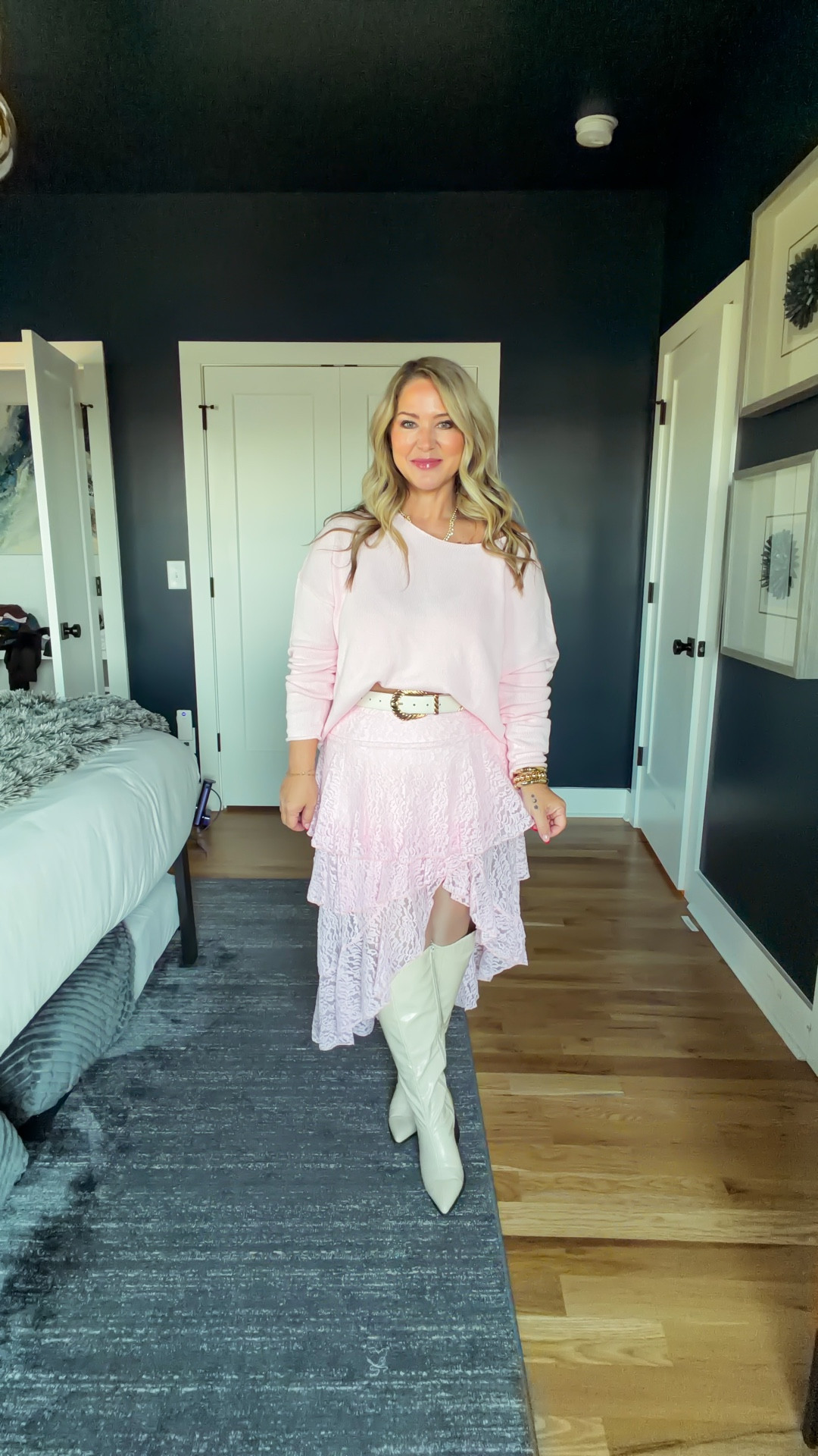 Sweater size medium, bralette size large, skirt size large. 
Boots tts and wide calf 

#LTKOver40 #LTKMidsize #LTKPetite