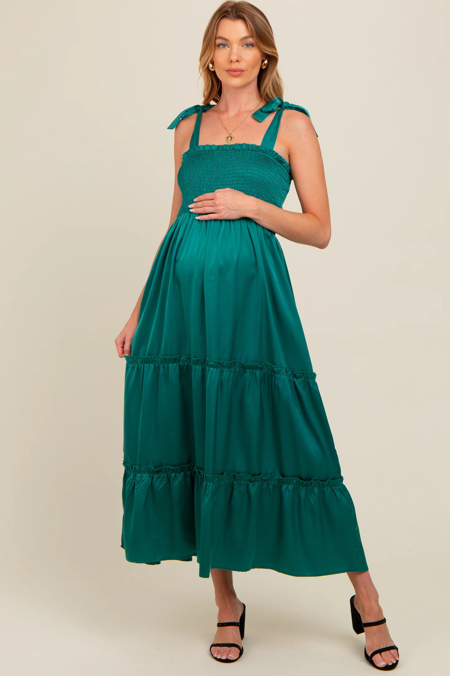 Forest Green Satin Smocked Maternity Maxi Dress | PinkBlush Maternity