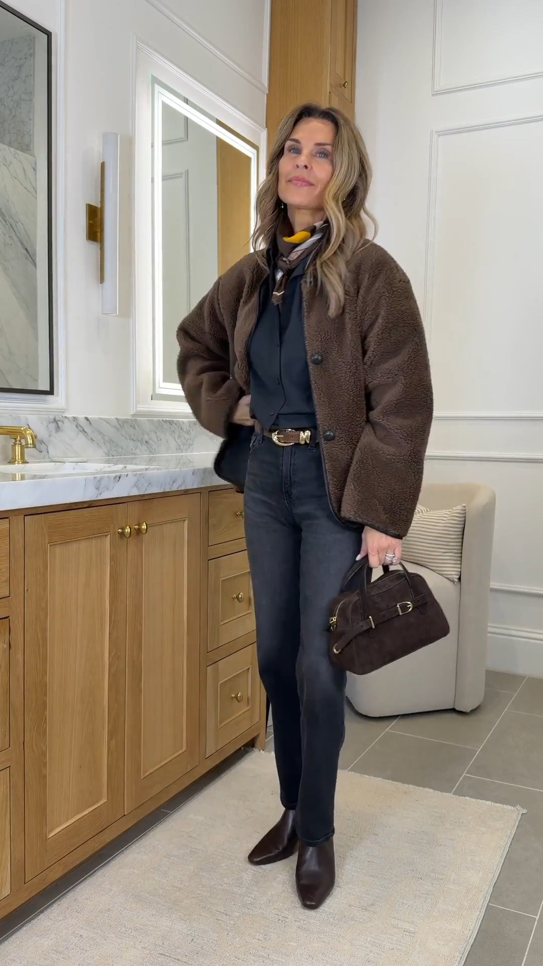 I’m 5’6’’.
-Brochu Walker Pia button down. Sz XS Brochu Walker is 30% off Sale! CODE BWTHANKYOU25 * my Pia shirt excluded-linked the black Everyday shirt, equally as fab! 
-Target Sherpa Jacket size XS
-AG Brinley jeans TTS
-Boots TTS on sale 
-Suede bag is so cute! On sale 

#LTKSeasonal #LTKSaleAlert #LTKOver40