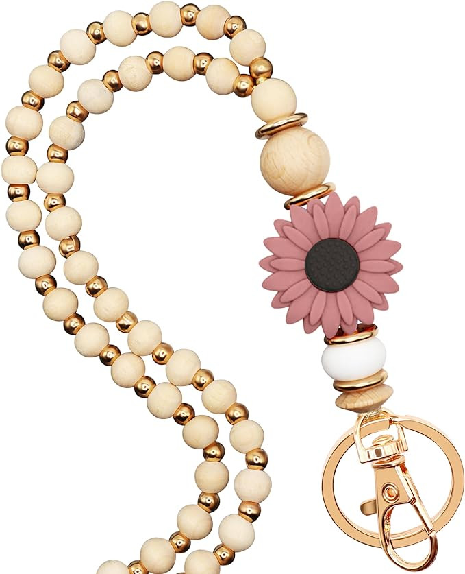 Wooden Teacher Lanyards for Id Badge Cute Flower Wood and Gold Beaded Lanyards for Women for Nurs... | Amazon (US)
