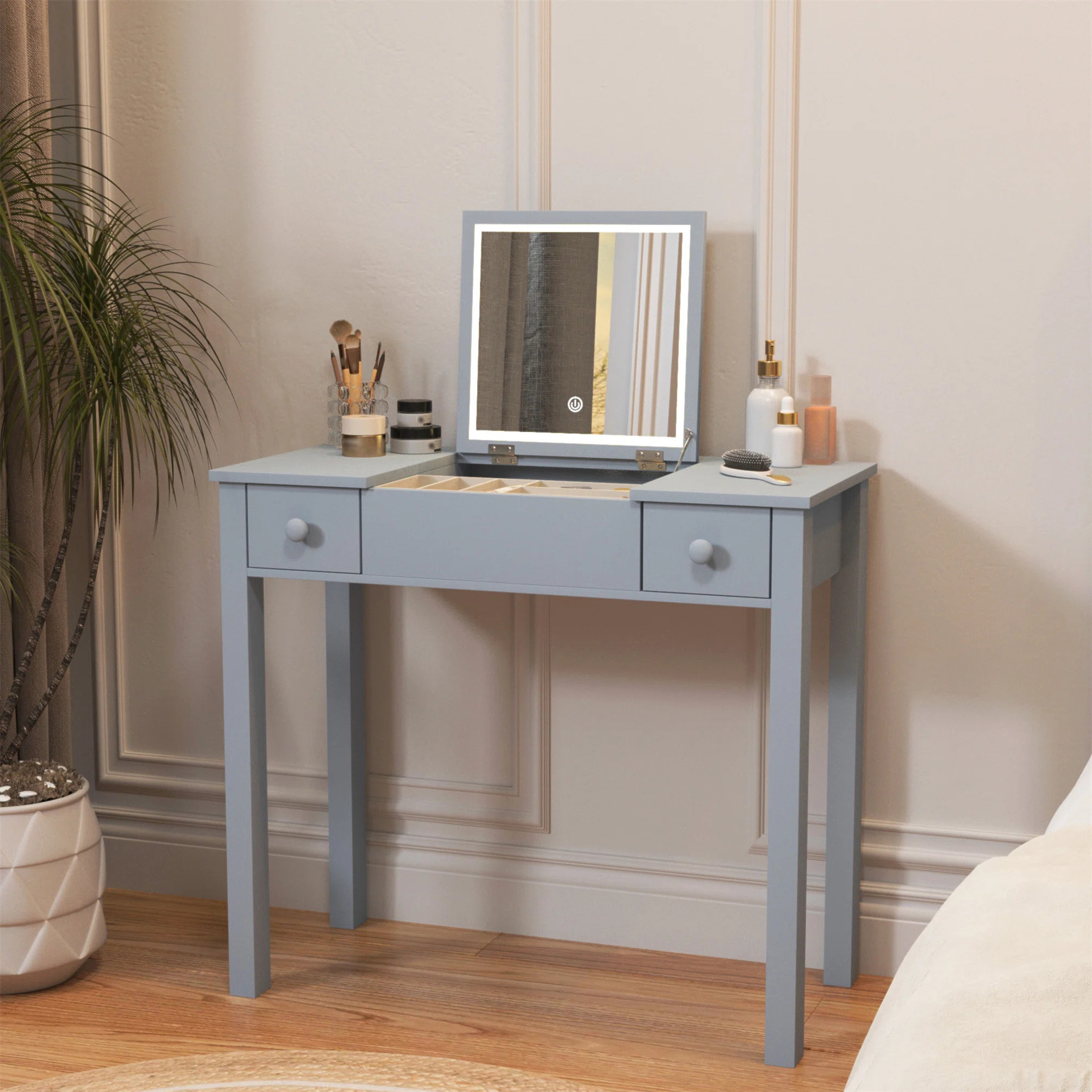 Latitude Run® Sleek Vanity Table With LED Lights, Flip-Top Mirror And 2 Drawers, Jewelry Storage... | Wayfair North America