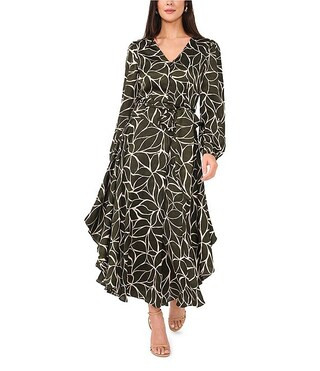 Vince Camuto Leaf Print Woven V-Neck Long Blouson Sleeve Button Front Tie at Waist A-Line Ruffle ... | Dillard's